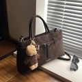 Dark brown matte leather tote bag with a cute bear pendant and metal buckle detail - Coffee with Pendant