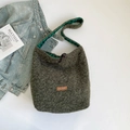 Retro deep green fuzzy faux fur shoulder bag with leather patch and plaid lining - Shoulder Green