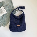 Navy blue fleece tote bag with brown drawstring closure and check pattern lining - Shoulder Navy Blue
