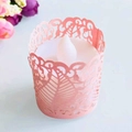 Laser-cut light pink lace paper wrap for LED tea light with delicate leaf pattern - Pink