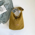 Mustard yellow plush shoulder bag with fuzzy texture and brown logo label - Shoulder Yellow