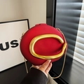 Elegant red hard shell evening bag with oversized gold C-shaped metal handle and chain - Red