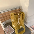 Handcrafted yellow knit tote bag with white flower patterns and beige drawstring detail - Yellow