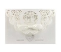 Detail of cream laser cut wedding invitation with lace pattern and satin bow accent - Ivory