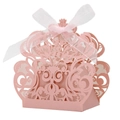 Caja de caramelos rosa cortada con láser con encaje y lazo de cinta de organza blanca - 6x3.8cm / Rosa