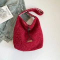 Red plush tote bag with checkered lining and vintage faux fur texture for winter - Shoulder Red