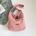 Pink fleece tote bag with drawstring closure and inner red plaid lining - Shoulder Pink