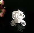 Detailed laser-cut white pumpkin carriage place card with romantic heart and couple silhouette - White