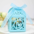 Light blue hollow laser cut wedding favor box with LOVE pattern and sheer ribbon bow - Turquoise Blue