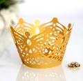 Golden laser-cut crown cupcake liners with intricate floral lace patterns for weddings - 5cm / Gold