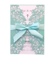 Detailed laser-cut mint green invitation card with satin ribbon and floral hollow pattern - Tiffany Blue
