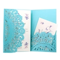 Laser cut lake blue wedding invitation with lace floral pattern and white inner card - Aqua