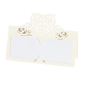 Detail of laser-cut heart pattern on cream wedding place cards for table seating - Ivory