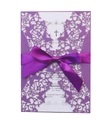 Intricate laser-cut purple floral wedding invitation with cross detail and satin ribbon - Dark Purple