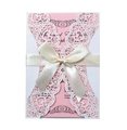 Elegant laser-cut white wedding invitation with a pink insert and cream satin bow - White (With Bow)
