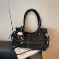 Retro black tote bag with white contrast stitching and drawstring side details - With Charm / Black