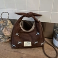 Borsa a tracolla vintage in pelle scamosciata marrone scuro con piccoli fiocchi - Decorazione con fiocco / Marrone