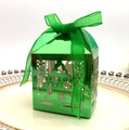 Green laser-cut Christmas tree candy gift box with elegant organza ribbon bow - Reflective Green