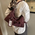 Burgundy faux leather tote bag with woven shoulder strap and knot detail for women - Burgundy