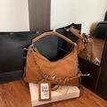 Brown large capacity tote bag with woven handle and tassel detail in chic autumn style - Brown