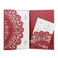 Elegant burgundy laser cut wedding invitation with intricate lace patterns and white inner card - Dark Red