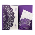 Elegant purple laser cut wedding invitation with intricate floral lace and white inner card - Dark Purple