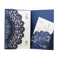 Laser-cut navy blue wedding invitation suite with intricate lace pattern and cards - Ink Blue