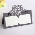 Elegant laser-cut wedding name card with heart patterns in black and white finish - Silver Charcoal
