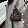 Dark brown pebble leather shoulder bag with white contrast stitching and silver hardware - Brown