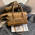 Brown litchi leather bowling bag with silver buckle and detachable shoulder strap - Brown