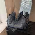 Borsa tote retrò grigio scuro con doppie cerniere e consistenza scamosciata casuale - Nero