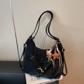 Retro large black faux leather hobo tote bag with cute bear and star charms - Black with Pendant