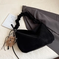 Detail of black corduroy cloud tote bag with ruched strap and bear pendant decor - Black with Pendant