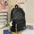 Schwarzer Nylon-Schulrucksack mit weißen Sternen und niedlichem Mond-Plüschanhänger - Schwarz mit Anhänger