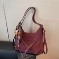 Vintage burgundy large tote bag in matte PU leather with cute bear charms and star pendant - Wine Red With Pendant