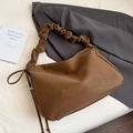 Brown leather cloud bag with ruched scrunchie handle and side zipper for women - Brown No Pendant