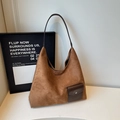 Brown suede tote bag with dark coffee leather handles and a small external pocket - Brown