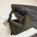Olive green tote bag with ruched shoulder strap and matte faux leather finish - Green Without Pendant