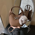 Brown lychee leather bucket bag with silver bow buckle and plush rabbit charm - Deep Brown With Charm