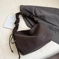 Deep brown ruched cloud bag with wide shoulder strap and drawstring detail - Coffee without Pendant