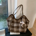Brown and beige plaid tote bag with leather straps and a cute plush rabbit charm - Brown Plaid With Charm