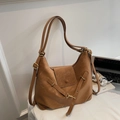 Vintage brown PU leather shoulder bag with buckle detail and soft pleated texture - No Pendant / Brown