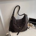 Retro dark brown leather crescent bag with adjustable vintage gold hardware and soft silhouette - No Pendant / Brown