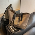 Vintage large tote bag in champagne gold with black leather handles for daily commuting - Khaki