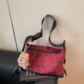 Burgundy suede slouchy shoulder bag with black strap and brown bear keychain charm - Wine Red (With Pendant)