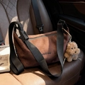 Brown faux suede crescent bag with adjustable wide strap and plush dog keychain detail - Coffee (With Pendant)