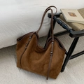 Large brown suede tote bag for women featuring slim shoulder straps and silver metal rings - Brown No Pendant