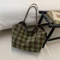 Green and brown plaid wool tote bag with adjustable brown leather shoulder straps - Green Plaid Without Pendant
