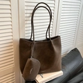 Minimalist deep brown matte tote bag with slim shoulder straps and matching pouch - Brown