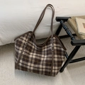 Chic contrast color plaid tote bag with brown leather straps and vintage metallic buckles - Brown Plaid Without Charm